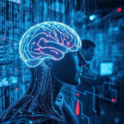 The primary subject of the image is a close-up of a human head with a blue background. The head is depicted in a digital art style, and the colors are predominantly blue. The setting appears to be a futuristic environment, possibly a computer-generated or virtual space.